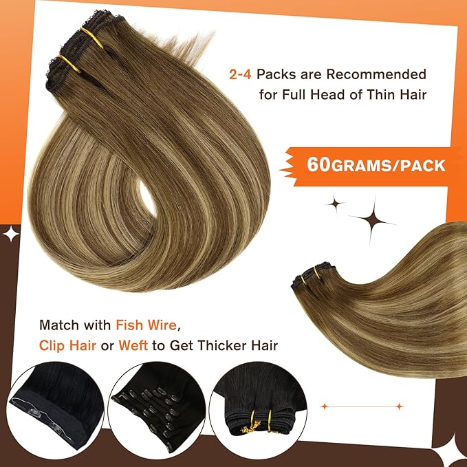 Full Shine Clip in Extensions for Women Human Hair Medium Brown Fading to Blonde and Brown Highlighted Seamless Hair Extensions Clip in Softness 18 Inch 3 PCS 60 G