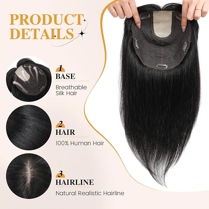 YAMI Hair Toppers for Women 8x9inch Skin Scalp Hair Topper with Bangs 15 Inch HairPieces for Women with Hairloss (Natural Black)