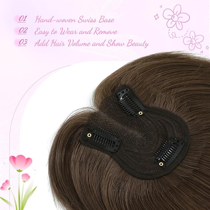 YAMI Hair Toppers for Women Fluffy Human Hair Topper 10inch Handmade Swiss Base Hairpieces 360° Cover Hairloss (Medium Brown)