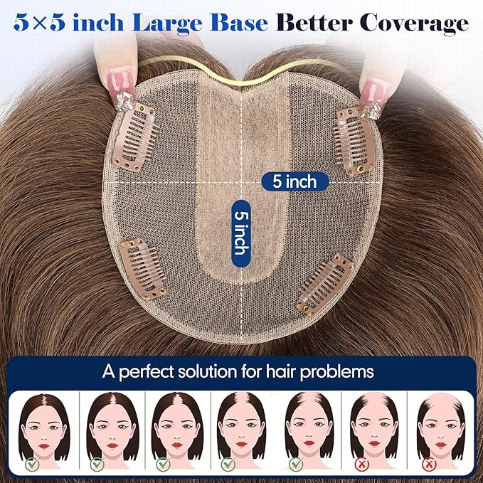 HAIRCUBE Hair Toppers For Women With Thinning 5"*5" Large Base Real Hair Toppers For Women, 14 Inch For Hand-Woven, 60g, Silk, Natural, realistic, Use Daily, Hairloss, Brown, with bangs