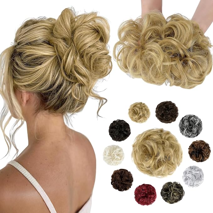 Messy Bun Hair Piece Wavy Curly Scrunchies Fluffy Donut Thick Updo Elegant Chignon Hairpieces for Women Girls, Ash Blonde 1.4oz