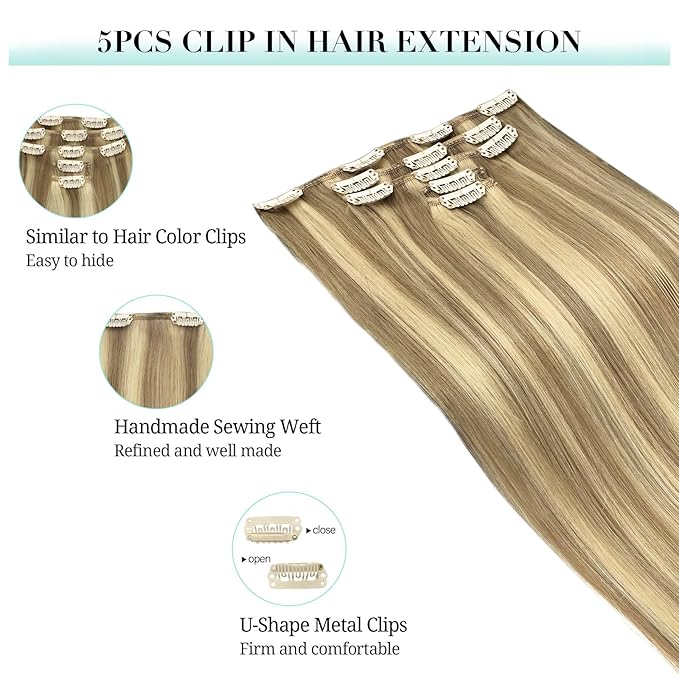 DOORES Human Hair Extensions Clip in, 5pcs 75g Balayage Light Blonde Highlighted Golden Blonde 16 Inch Clip in Hair Extensions Natural Hair Extensions Straight