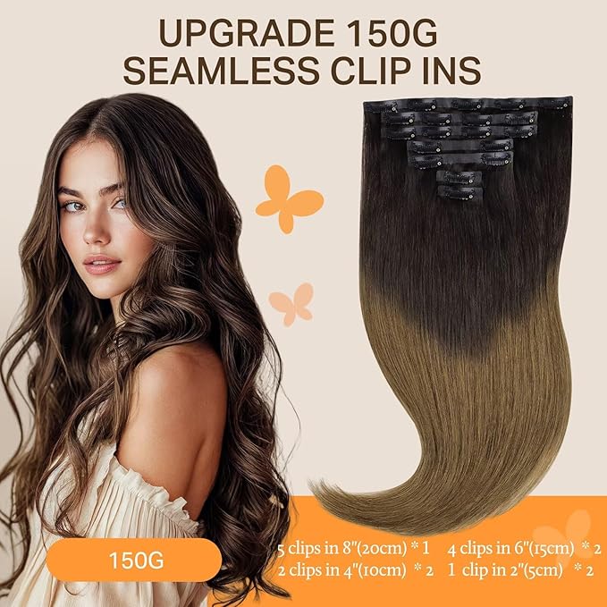 DOORES Seamless Clip in Hair Extensions Real Human Hair, Chocolate Dip Color Melt 18 Inch 7pcs 130g, Human Hair Extensions Remy Hair Seamless Weft Hair Extensions invisible Edge Hair Extensions