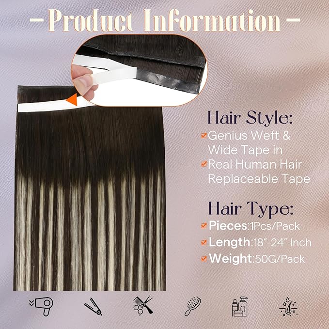 Full Shine Tape in Weft Hair Extensions Human Hair Color 2/60/2 Brown And Blonde Balayage Long Weft Wide Remy Invisible Tape in Human Hair Extensions for Women 22Inch 50G One Piece for Casual Outings