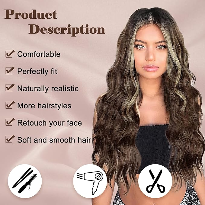 NAYOO Long Brown Mixed Blonde Wavy Wig for Women 26 Inch Middle Part Curly Wavy Wig Natural Looking Synthetic Heat Resistant Fiber for Daily Party Use (Brown Mixed Blonde)