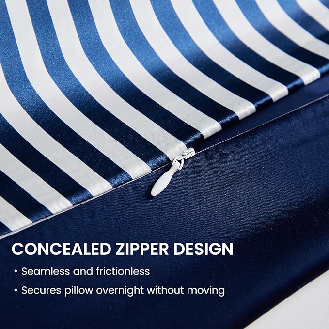 THXSILK Mulberry Silk Pillowcase for Hair and Skin Health, Grade 6A+ Mulberry Silk Pillowcase with Hidden Zipper, Soft and Breathable, 1pc (King 20"x36", Blue White Stripes)
