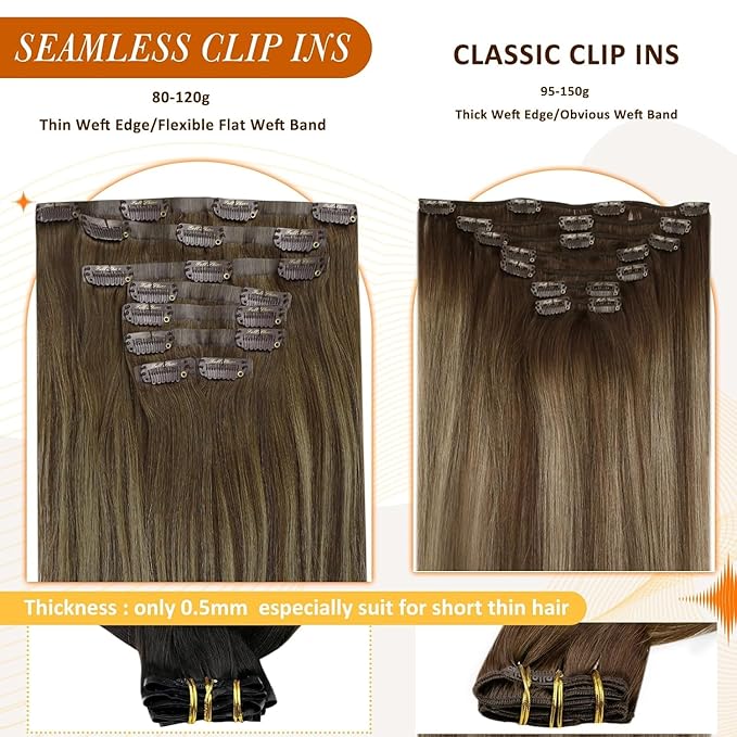 Full Shine Seamless Clip in Hair Extensions Balayage Brown Clip in Extensions Real Human Hair Medium Brown Ombre Honey Blonde Short Clip ins 14 Inch 120 G 8 PCS
