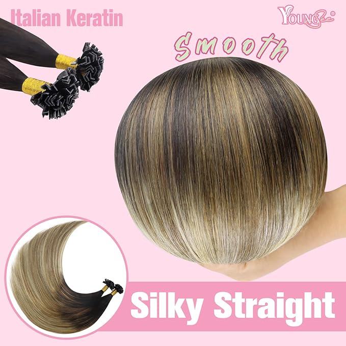 YoungSee K Tips Hair Extensions Brown Balayage K Tip Hair Extensions Remy Human Hair for Women Ombre Brown to Blonde 22In 1g/s 50g