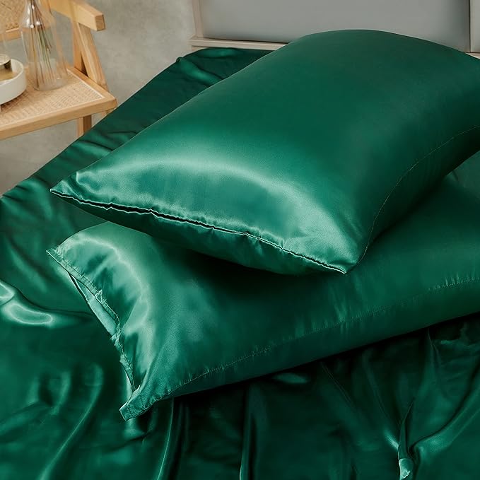 Blackish Green Satin Pillowcase Queen Size Set of 2 for Hair and Skin,Blackish Green Silk Pillowcase Breathable Pillowcase with Envelope Closure