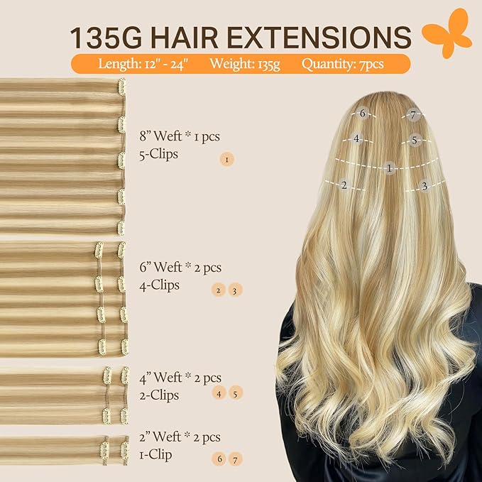 DOORES Hair Extensions Remy, Dark Blonde Highlighted Bleach Blonde 135g 18 Inch 7pcs, Thick Extensions Clip in Human Hair Natural Straight Weft Gift