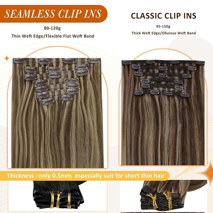 Full Shine Seamless Clip in Hair Extensions 12 Inch Dark Brown with Honey Blonde Highlights Real Human Hair Extensions for Short Hair 8PCS 95G