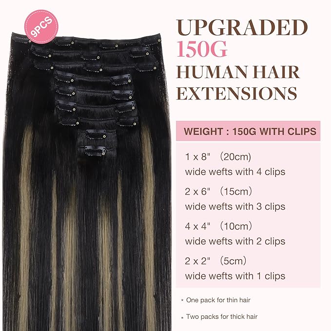 GOO GOO Clip in Hair Extensions Real Human Hair, Remy Human Hair Extensions Clip ins for Women, Natural Human Hair, 18inch 150g 9Pcs, 1B/16/1B Balayage Natural Black to Light Blonde