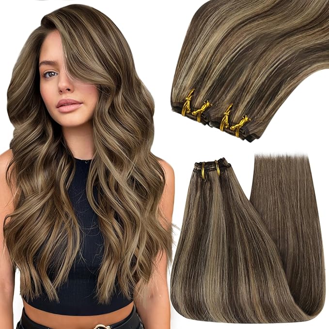 YoungSee Weft Hair Extensions Human Hair Brown Blonde Sew in Hair Extensions Dark Brown Mix Caramel Blonde Highlights Human Hair Weft Extensions for Full Head 20Inch 100G