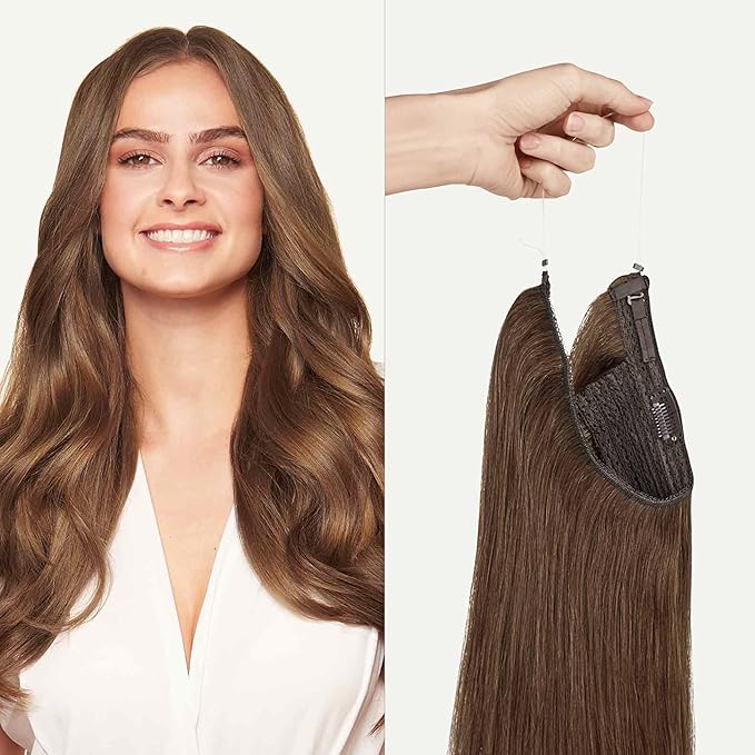 Luxy 100% Remy Human Hair – Halo Clip-In Hair Extensions –Natural Looking Volume & Length - One-Piece - Easy 5-Min Application 140 grams 16" Chestnut Brown Halo