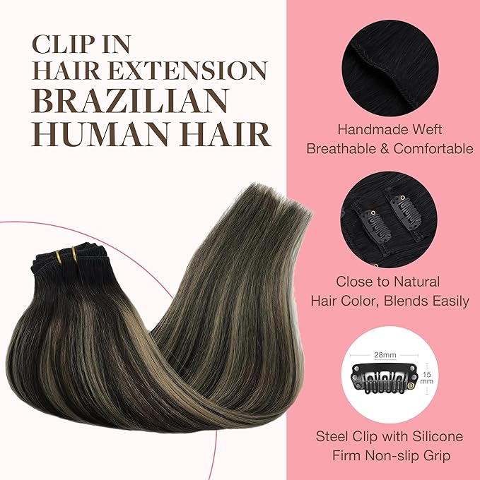 GOO GOO Clip in Hair Extensions Real Human Hair, Remy Human Hair Extensions Clip ins for Women, Natural Human Hair, 14inch 120g 7Pcs, 1B/16/1B Balayage Natural Black to Light Blonde