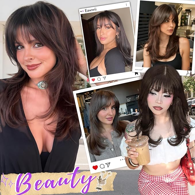 Wig with Bangs for Women Brown Straight Face-Framing Layers Hairstyle 4x4 Realistic Scalp Glueless Synthetic Wigs Medium Length for Everyday Use