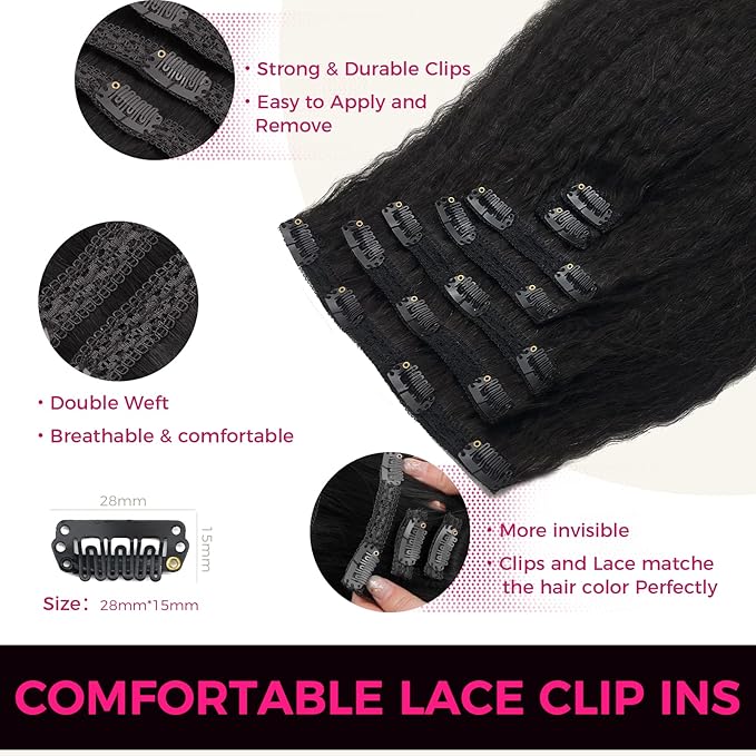 Lashey Clip in Hair Extensions Real Human Hair, Kinky Straight 14 Inch 7pcs 120g #1B Natural Black Remy Human Hair Extensions Natural Thick Clip in Hair Extensions for Black Women