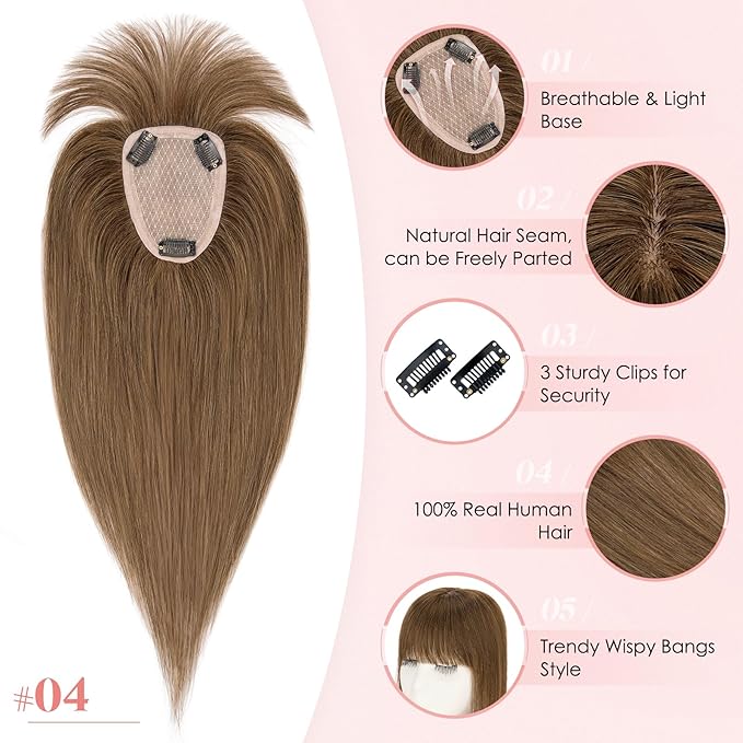 Hairro Human Hair Toppers with Wispy Bangs, 3.5x4.7" Hand-wovened Base for Women with Thinning Hair, Lightweight & Breathable Realistic Scalp, Clip-in Hairpieces for Easy Wear, 10 Inch Medium Brown