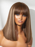 LUVME HAIR 14Inch Ash Blonde Highlights Yaki Blunt Cut Bob Wig with Bangs Glueless Minimalist Lace Short Wig Breathable Cap