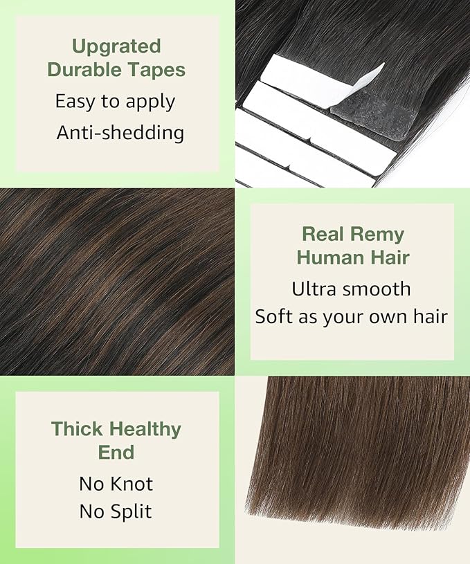 SURNEL Tape in Hair Extensions Ombre Color 1B Off Black Fading To 4 Middle Brown Real Remy Tape in Hair Extensions Human Hair 20pcs 50g 14 inch(#1BT4-14)