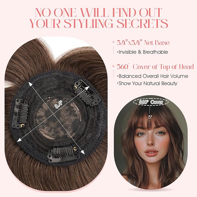 Hairro Mono Hair Toppers with Bangs, 3.4" x 3.4" Mono Base 100% Real Human Hairpieces for Women, 150% Density Clips In Topper for Greyish Thinning Hair, 14 Inch Dark Brown