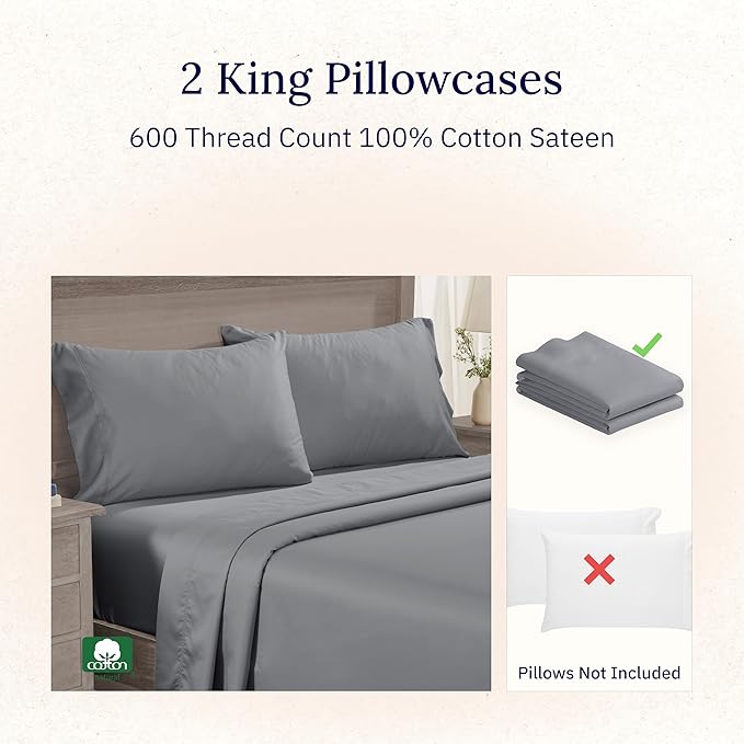 California Design Den Luxuriously Soft Premium 6 Thread Count, 100% Cotton Set of 2 Cases, Crisp Pillow Cases King Size Set of 2, Fits King Pillows (Mist Grey)
