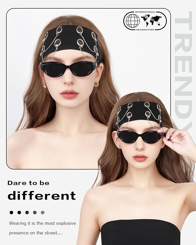 Grommet Headband for Women, Chain Black 20cm Hollow Out Elastic Hair Band, Eyelets Punk Grunge Stylish Hairband