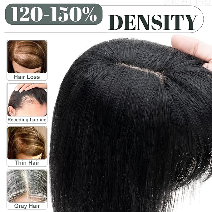 SEGO Hair Toppers for Women Real Human Hair with Thinning, with Front Bangs Clip in Toppers Straight 150% Density Silk Base -18 Inch #4/27 Medium Brown Mix Dark Blonde