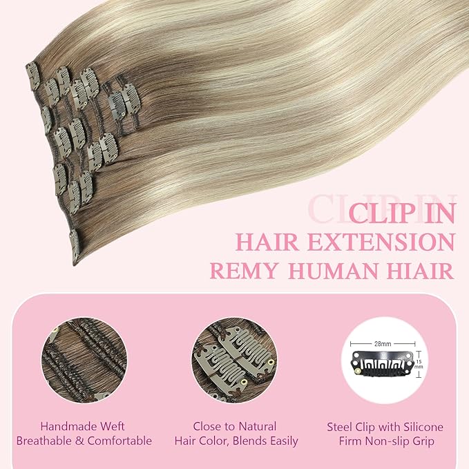 PINKPEARL Clip in Hair Extensions Real Human Hair, 14 Inch 120g 7pcs Human Hair Extensions Clip In, #8/60/18 Balayage Ash Brown to Platinum Blonde and Ash Blonde(#8/60/18-14)