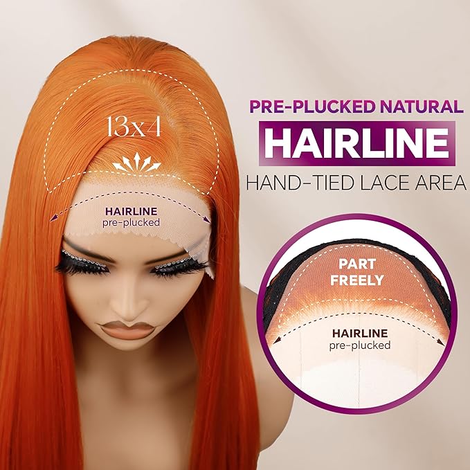 BLL Ginger Wig, Lace Front Wigs Pre-Plucked 13x4 Synthetic HD Lace Front Wigs Long Straight Glueless Ready to Wear Orange Wig For Black Women 26inch