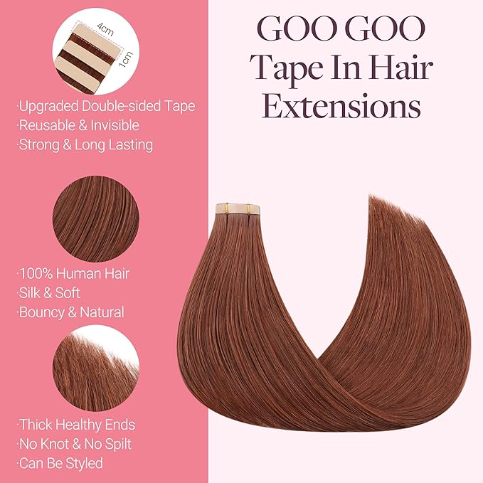 GOO GOO Tape in Hair Extensions Human Hair, #33B Dark Auburn Copper, 14inch 50g 20pcs, Skin Weft Seamless Invisible, Silky Straight with Thick Ends, Remy Human Hair