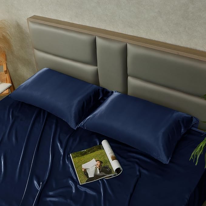 Navy Blue Satin Pillowcase Standard Set of 2 with Envelope Closure，Navy Blue Silk Pillowcase for Hair and Skin (20x26)