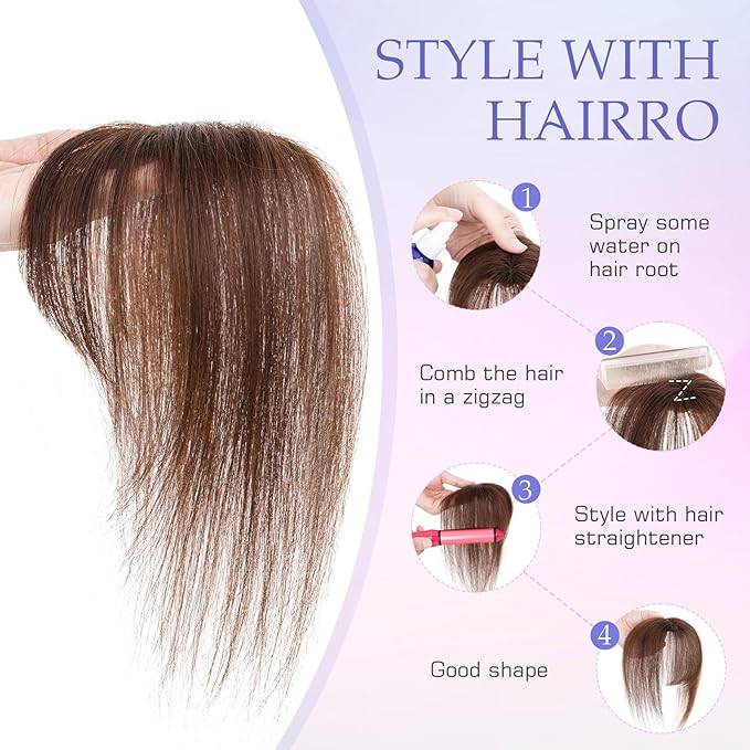 Hairro Bangs Hair Clip 3D 360°Cover Clip On Bangs Remy Human Hair Topper With Bangs Fringe French Bangs With Temples Clip In Bangs Hair Extensions 8 Inches 10g #02 Dark Brown