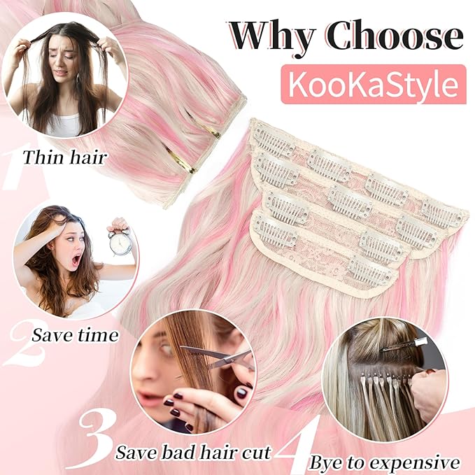 KooKaStyle Clip in Hair Extensions 4PCS Long Wavy Natural & Soft Hairpieces for Women 24 Inch for Women(Blonde with Pink Highlight)