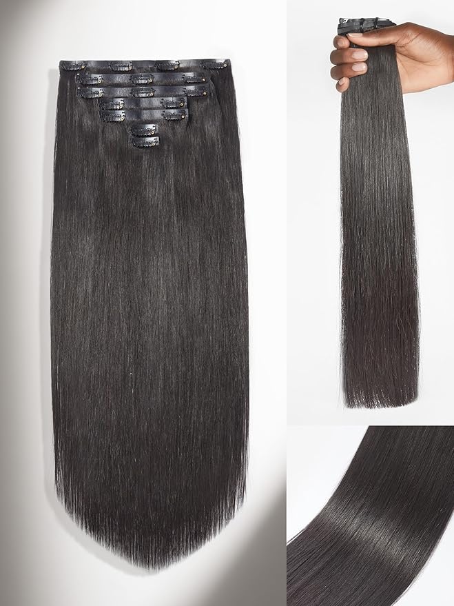 LUVME Seamless Clip in Hair Extensions, 22 Inch 135g 7pcs Natural Black Hair Extensions Clip in Human Hair Invisible PU Skin Weft Natural Remy Human Hair