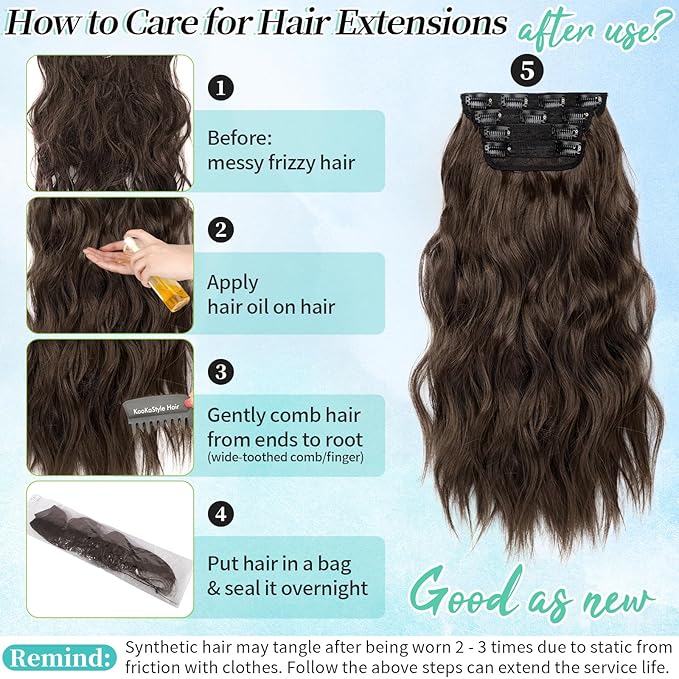 KooKaStyle Hair Extensions Long Wavy 4PCS Thick clip in hair extensions Hairpieces Chocolate Brown Fiber Double Weft Natural Synthetic Hair Extensions 20 Inch for Women