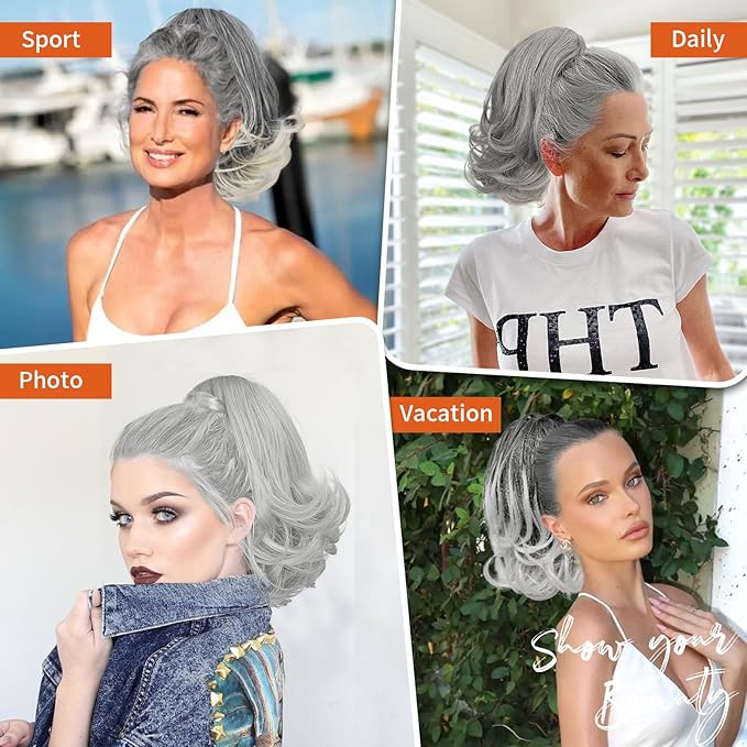 KooKaStyle Ponytail Extension, 10" Short Claw Clip in Pony Tails Hair Extensions Curly Wavy Synthetic Drawstring Hairpieces for Women(Grey Black with White ends)
