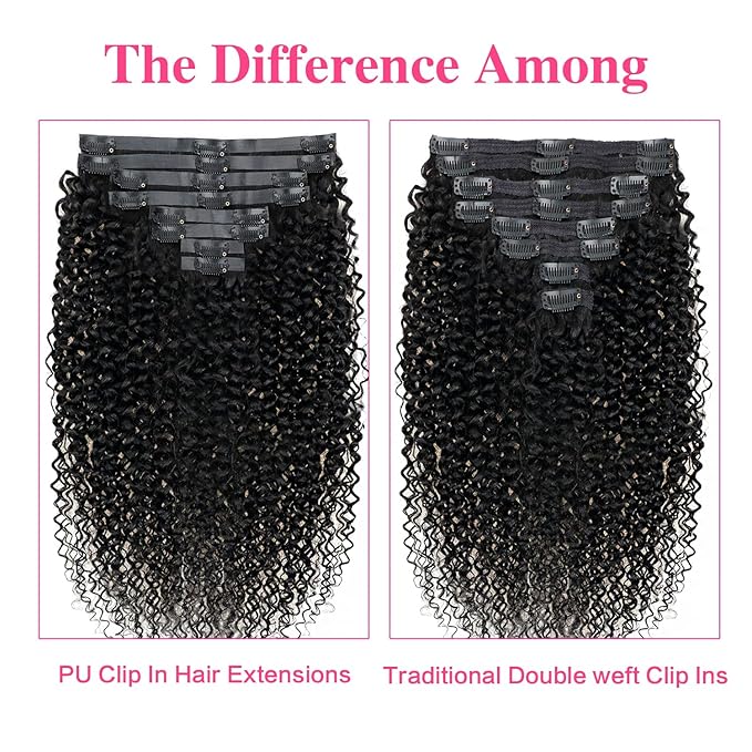 Seamless Clip In Hair Extensions Real Human Hair Invisible PU Weft Kinky Curly Clip Ins Human Hair Extensions 8pcs with 18Clips Per Set 120g(22inch,Natural Black)