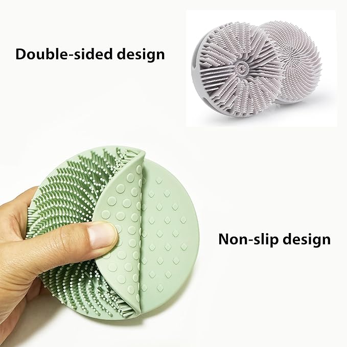 2 PC Silicone Exfoliating Body Scrubber, Silicone Body Shampoo Brush, Soft Silicone Loofah for Sensitive Skin, Shower Silicone Hair Scalp Massager, Easy to Clean, Lather Well(Gray&Green)