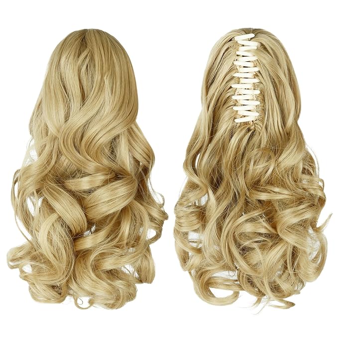 Ponytail Extension, Clip on Ponytails for Women, 12" Claw Clip in Short Curly Wavy Pony Hair Extension for Women - Light Honey Blonde
