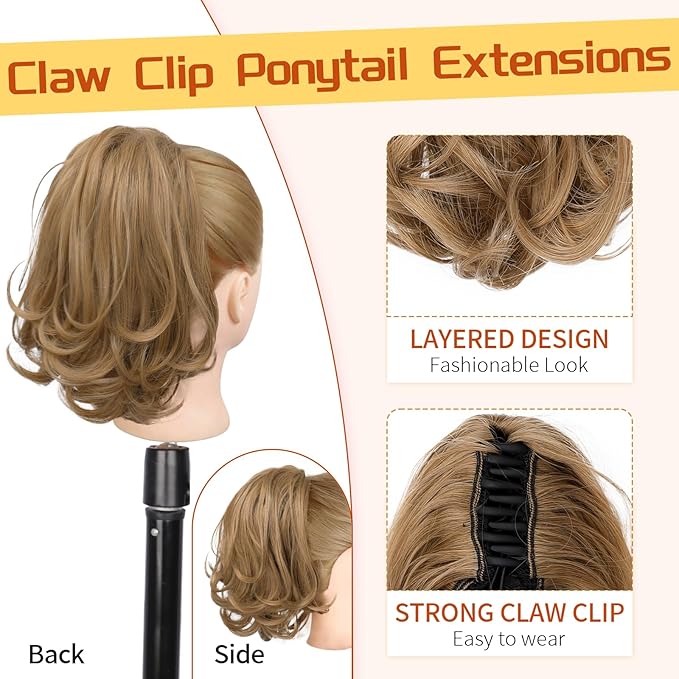 KooKaStyle Ponytail Extension, 10" Short Claw Clip in Pony Tails Hair Extensions Curly Wavy Synthetic Drawstring Hairpieces for Women(Light Blonde Brown)