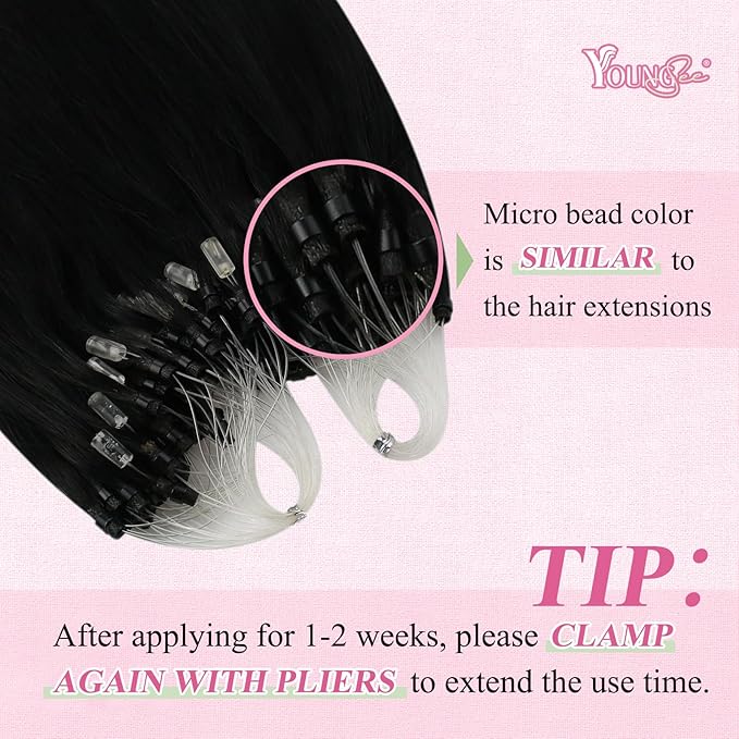YoungSee Micro Bead Hair Extensions Real Human Hair Black Microlink Hair Extensions Human Hair Jet Black Beaded Hair Extension 24 Inch Micro Hair Extension Remy Hair Natural for Long Hair 50s 50g