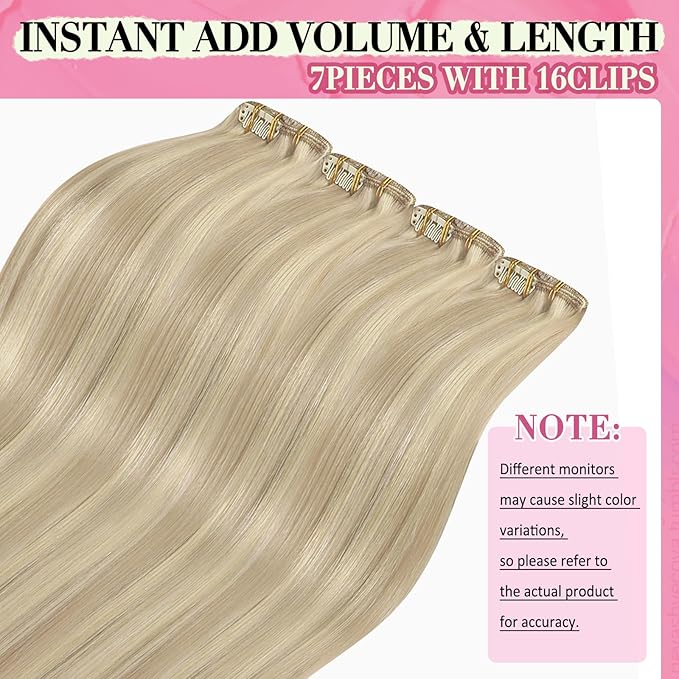 YoungSee Clip in Human Hair Extension Ash Blonde Clip in Hair Extensions Human Hair Warm Ash Blonde Highlights Bleach Blond Thick Hair Clip in Extensions 120G 22Inch 7Pcs