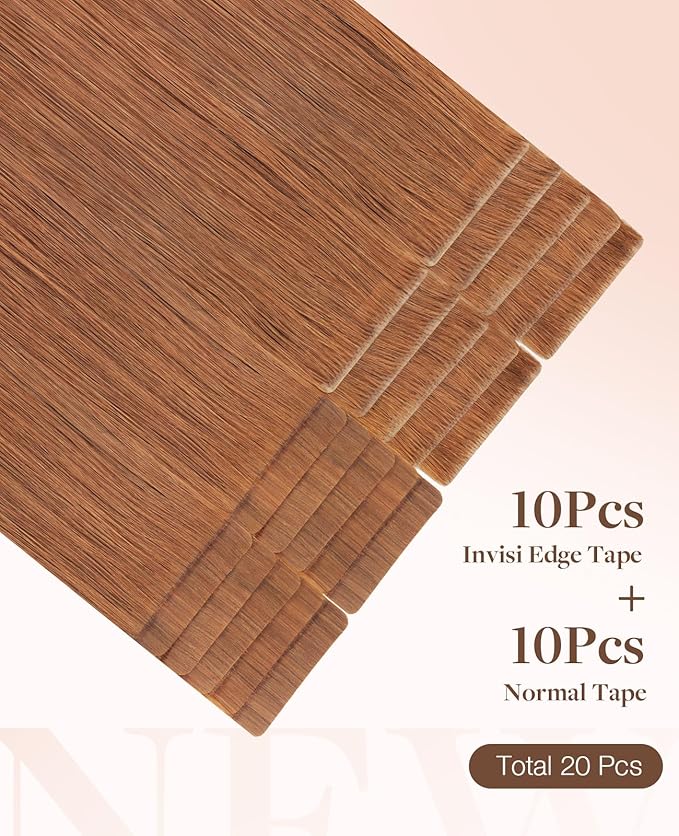 GOO GOO Invisi Edge Tape in Hair Extensions Human Hair, 330 Cinnamon Terra Copper 10pcs injected with 10pcs classical tape ins, 18inch 50g, Virgin Remy Hair, Natural Look