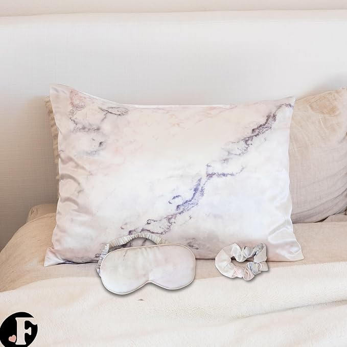 Satin Pillowcase Gift Set for Women – Grey Ivory, Silky Soft, Reduces Frizz | Includes Satin Eye Mask & Scrunchie | for Curly Hair, Sensitive Skin | Gift for Mom, Daughter, Girlfriend