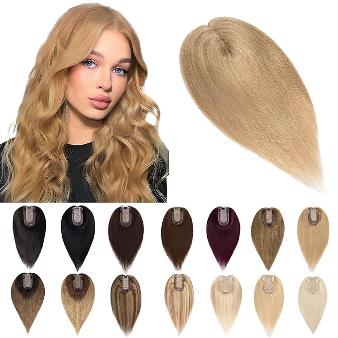 SEGO Human Hair Toppers for Women With Thinning Hair, 7 * 13CM Silk Base 100% Real Human Hair Clip in Top Wiglet Hairpieces //6 Inch No Bangs Dark Blonde
