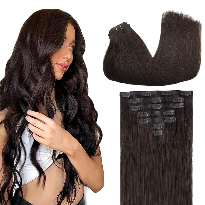 GOO GOO Clip in Hair Extensions Real Human Hair, Remy Human Hair Extensions Clip ins for Women, Natural Human Hair, 14inch 110g 7Pcs, 2A Light Brown