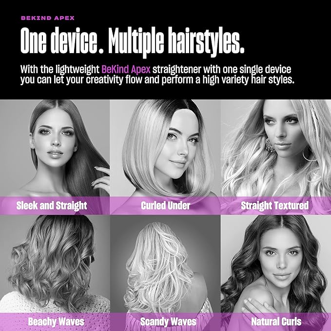 Bekind Apex 2-in-1 Hair Straightener Flat Iron | 1“ 460°F Straightener & Curler for All Hairstyles | UltraSmooth Tech | 15s Fast Heating & Temp Memory | Gift Set for Girls Women (Violet Bloom)