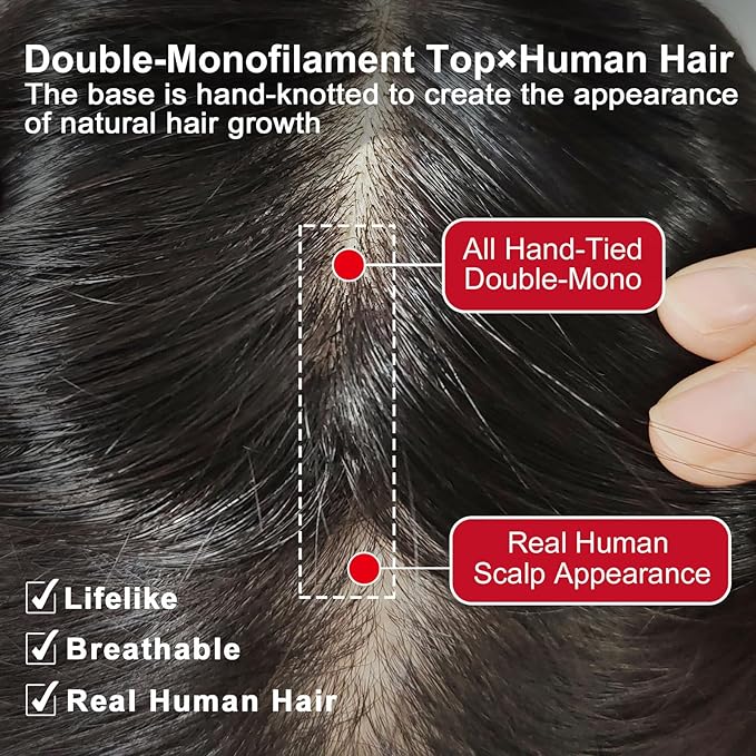 Real Human Hair Topper Double-Monofilament Top Hand-Tied Hair Pieces Mid Length for WomenThinning Hair BHADS812 (BL Natural Black × Hair Length:9.8"(25cm), Base Size:3.1"×4.7"(8cm×12cm))