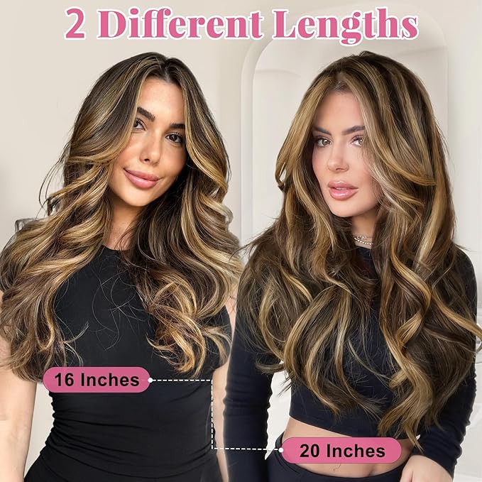 ALXNAN Long Wavy Hair Extensions for Women, Clip in Hair Extensions Clip Ins Soft Full Head Synthetic Hairpieces 16 Inch Balayage Chocolate Brown to Caramel Blonde